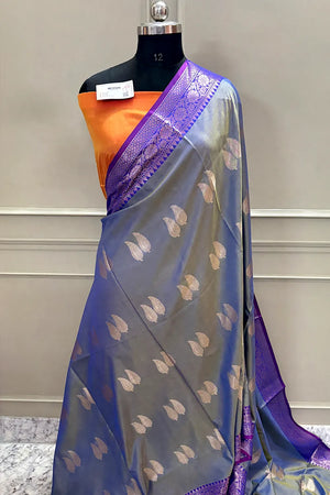 Blue and Orange Golden Zari Banarasi Silk Saree