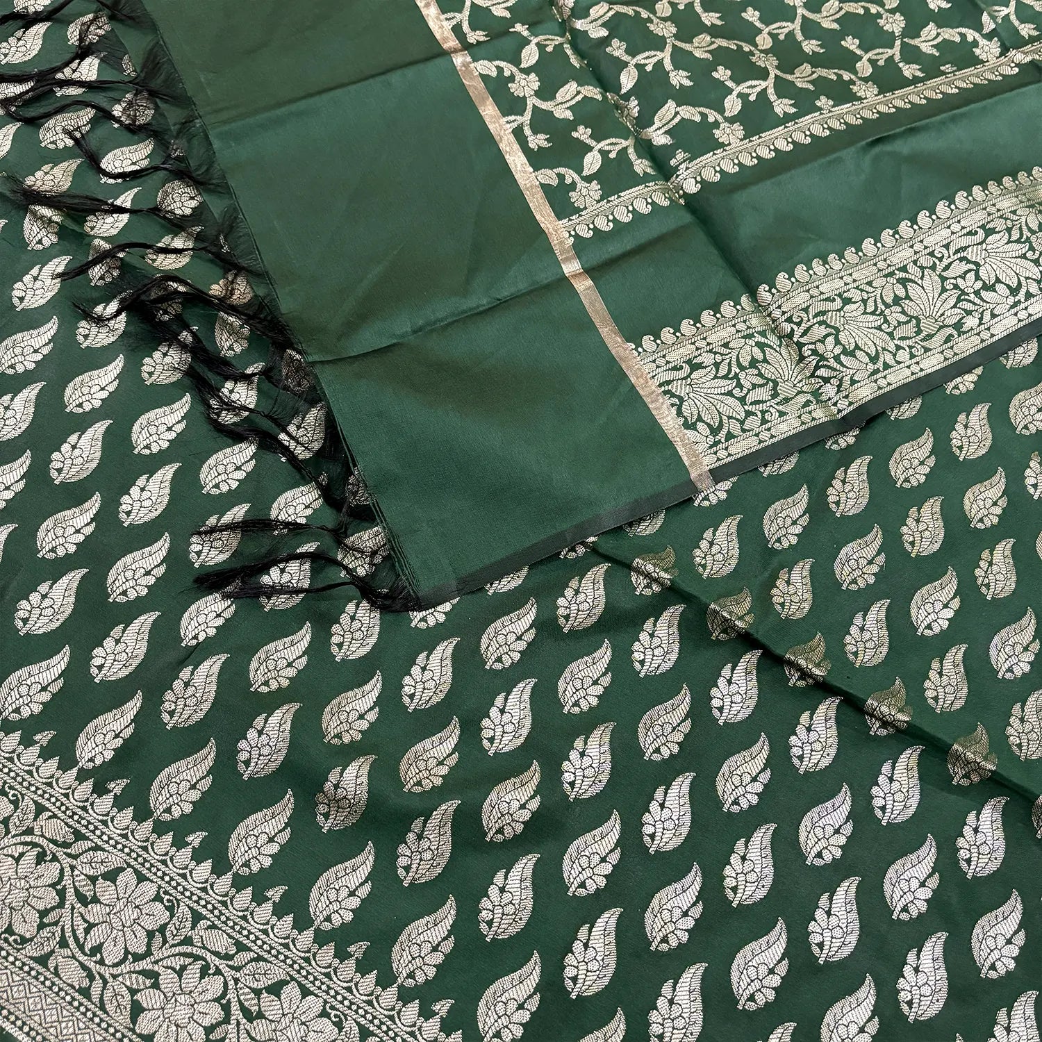 Bottle Green Agnipath Buti Satin Silk Banarasi Suit