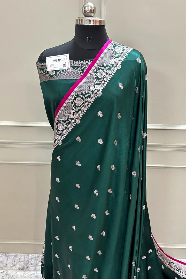 Bottle Green Babri Buti Katan Silk Banarasi Saree