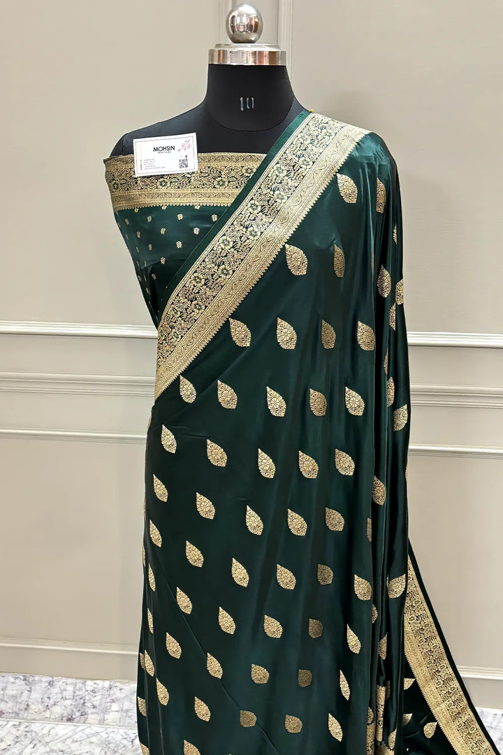 Bottle Green Badami Buta Katan Silk Banarasi Saree