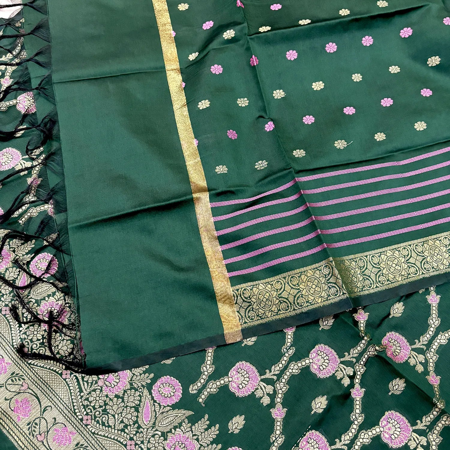 Bottle Green Golden Zari Satin Silk Banarasi Suit