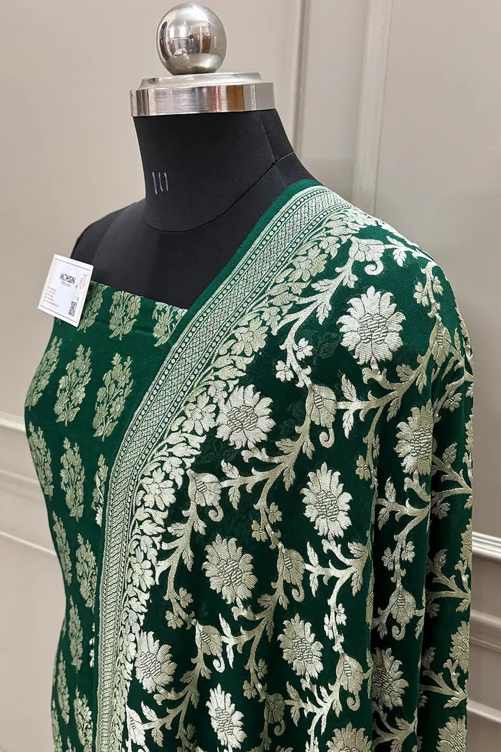 Bottle Green Pure Georgette Silk Banarasi Suit