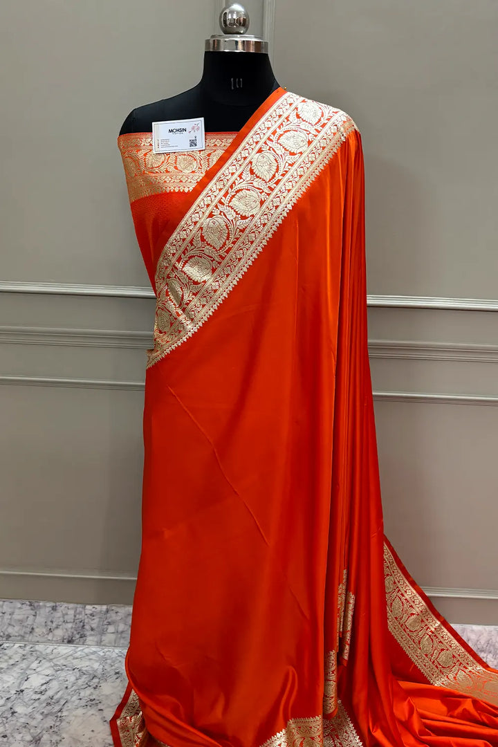 Dark Orange Plain Golden Zari Katan Silk Banarasi Saree