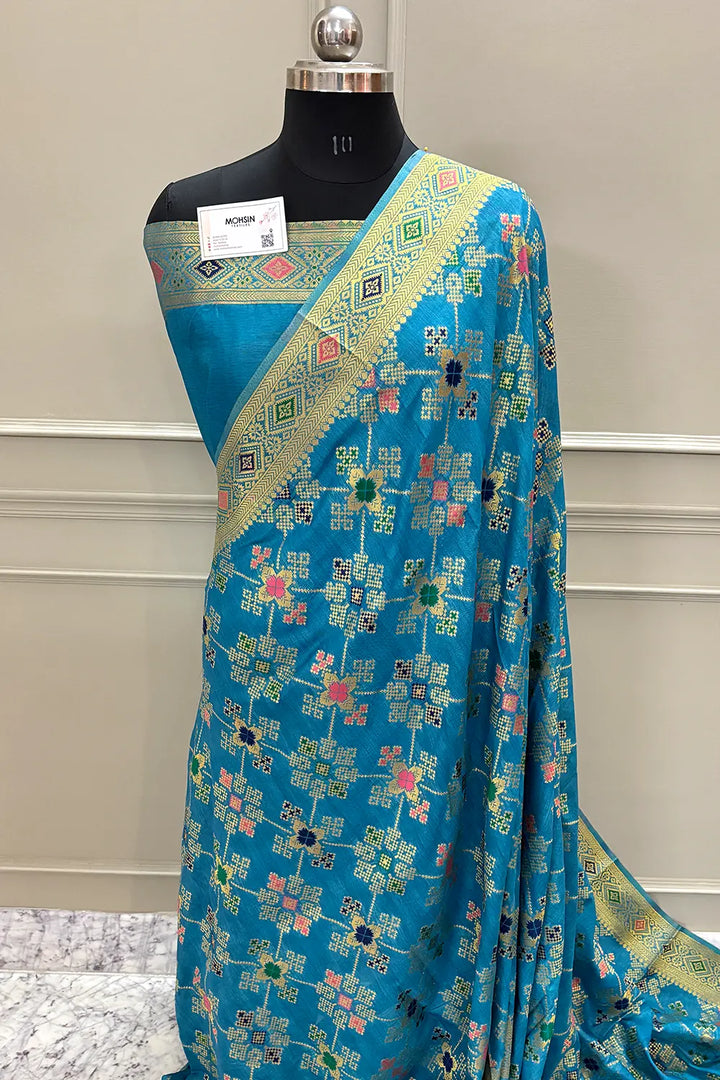 Firozi Golden Zari Dola Silk Banarasi Saree