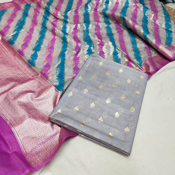Grey Pink Rangkaat Chanderi Silk Banarasi Suit