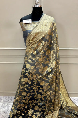 Grey Resham Zari Cotton Silk Banarasi Saree