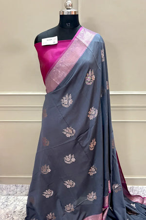 Grey and Pink Golden Zari Banarasi Silk Saree