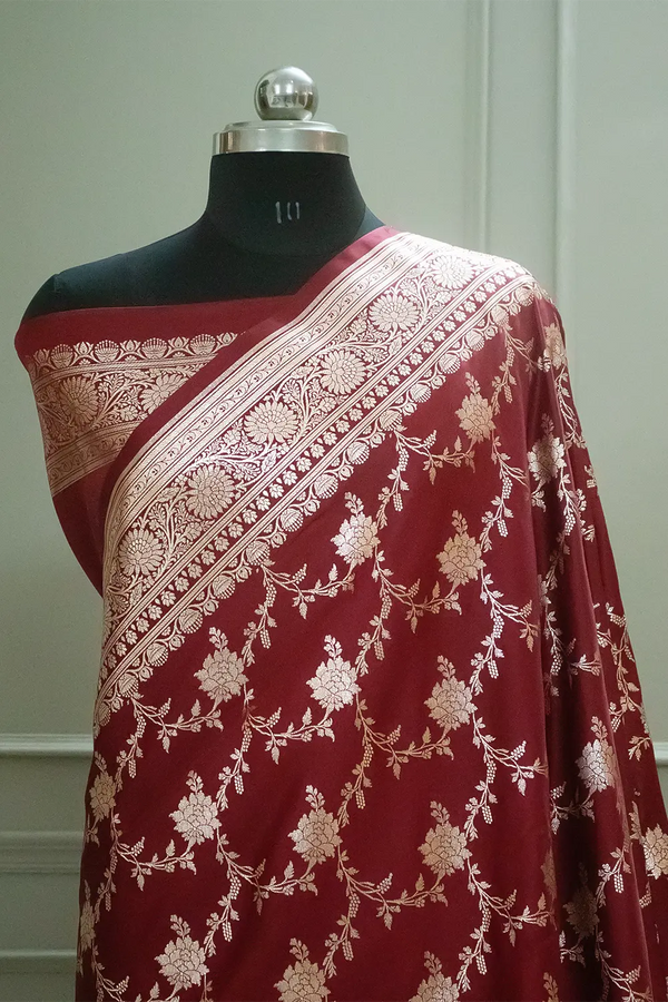 Maroon Akbari Jaal Katan Silk Banarasi Saree