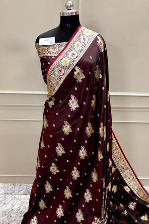 Maroon Golden Zari Katan Silk Banarasi Saree