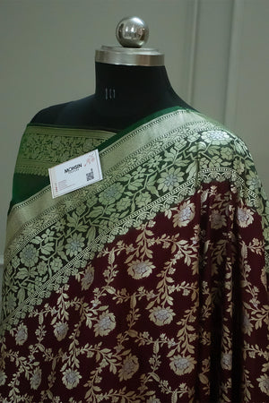 Maroon and Green Maharani Jaal Crepe Silk Banarasi Saree