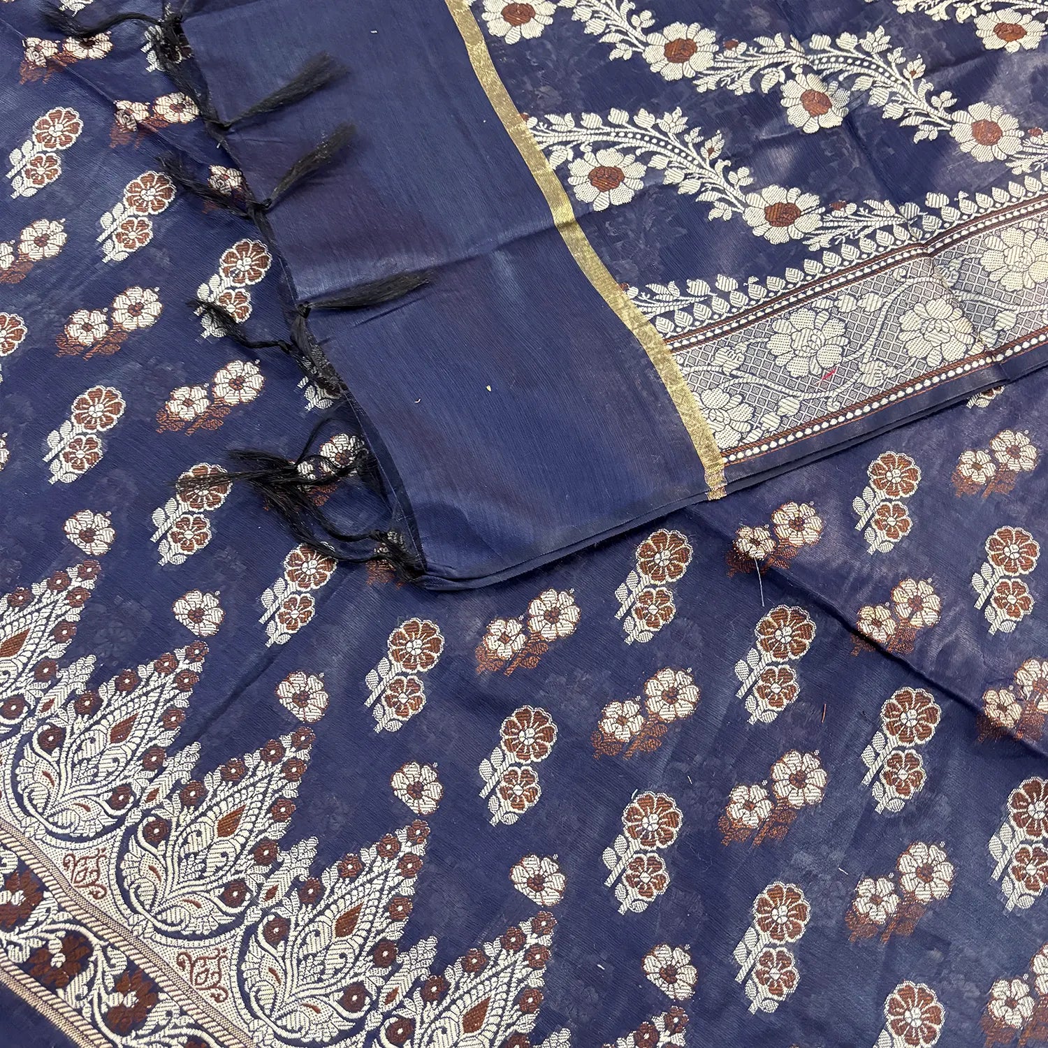 Navy Blue Fan Flower Banarasi Silk Suit