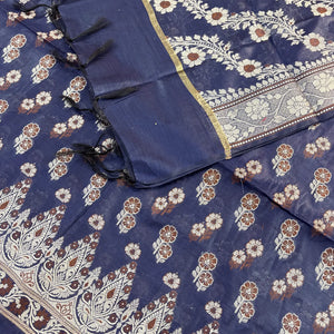 Navy Blue Fan Flower Banarasi Silk Suit
