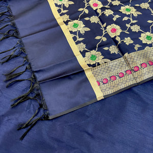 Navy Blue Plain Dupion Silk Banarasi Suit