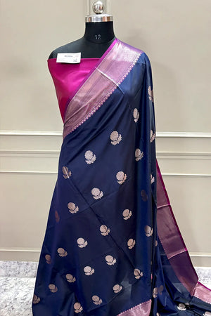 Navy Blue and Pink Golden Zari Banarasi Silk Saree