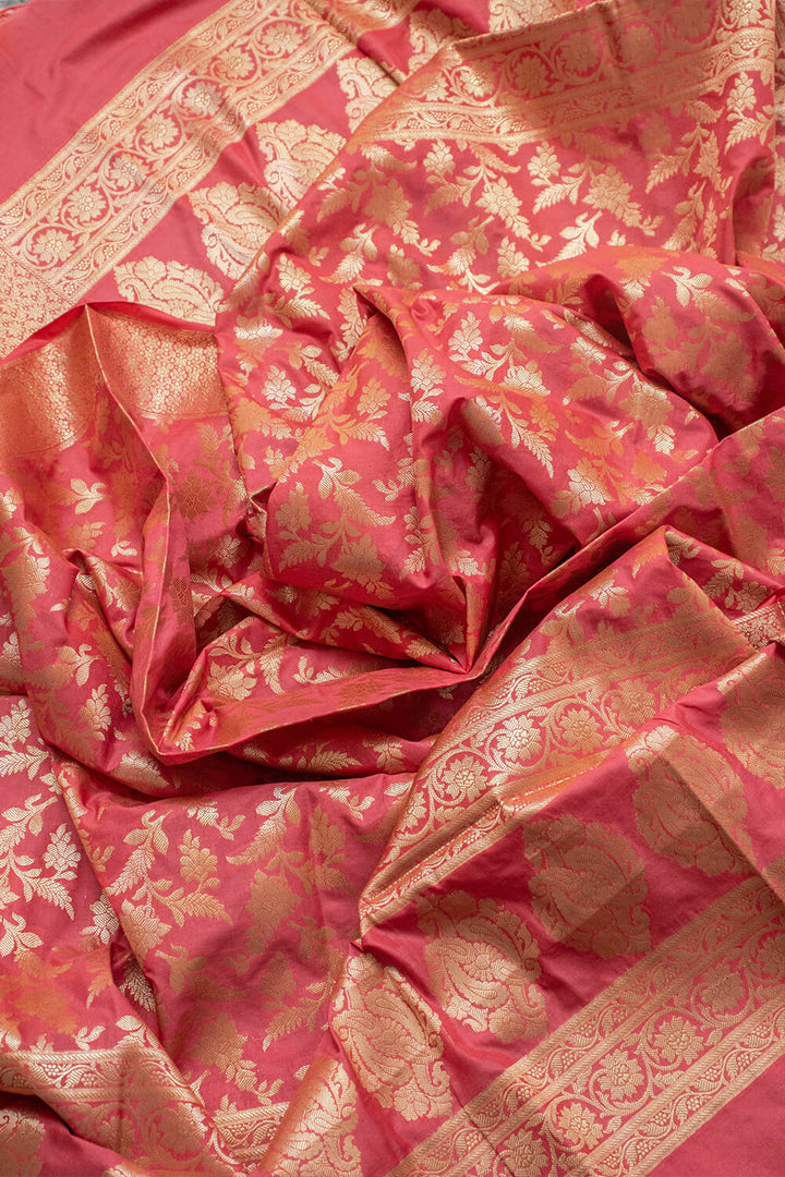 Peach Golden Zari Katan Silk Banarasi Dupatta