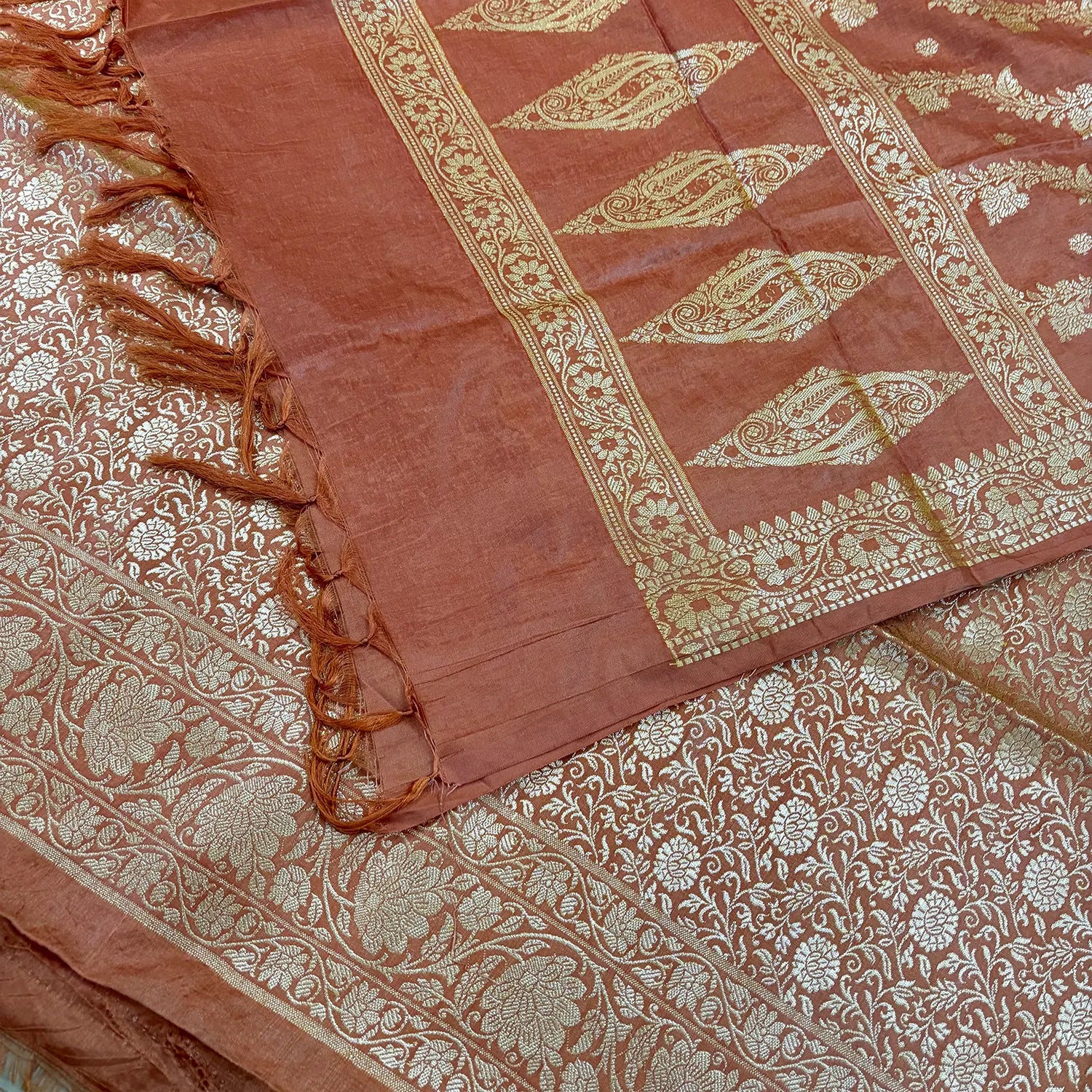 Peach Golden Zari Katan Silk Banarasi Suit