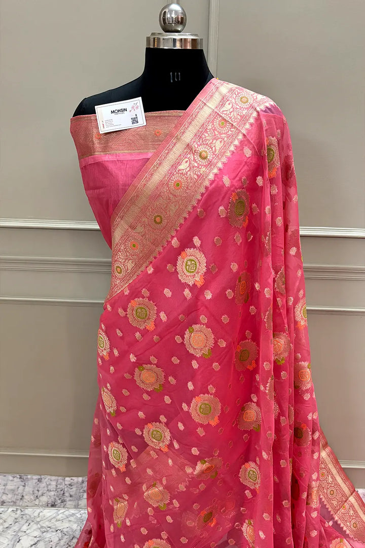 Peach Golden Zari Organza Silk Banarasi Saree