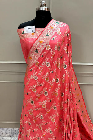 Peach Resham Zari Silky Banarasi Saree