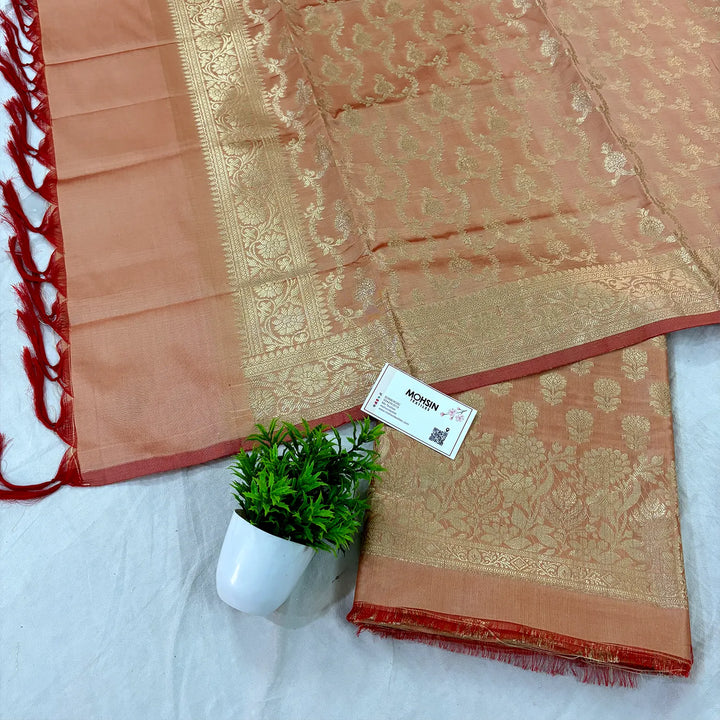 Light Peach Sunflower Katan Silk Banarasi Suit