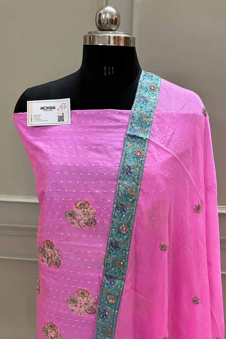 Pink Golden Zari Katan Silk Banarasi Suit