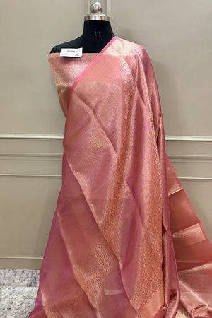 Pink Golden Zari Tissue Silk Banarasi Saree