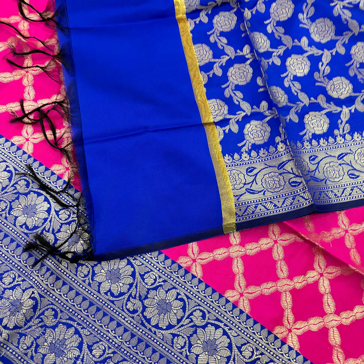 Pink and Royal Blue Zanjeer Satin Silk Banarasi Suit