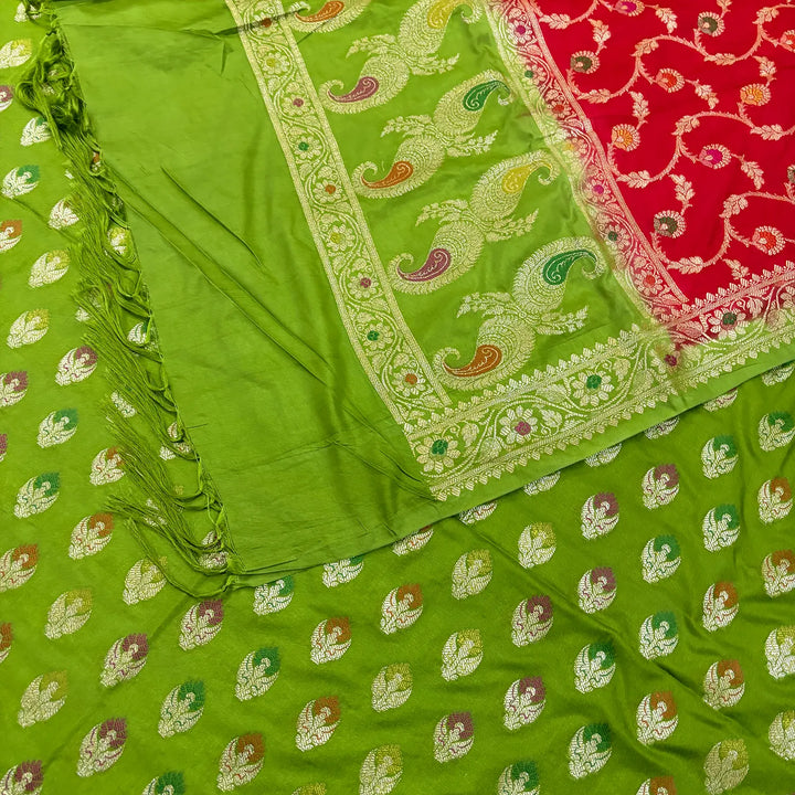 Pista and Red Golden Zari Katan Silk Banarasi Suit