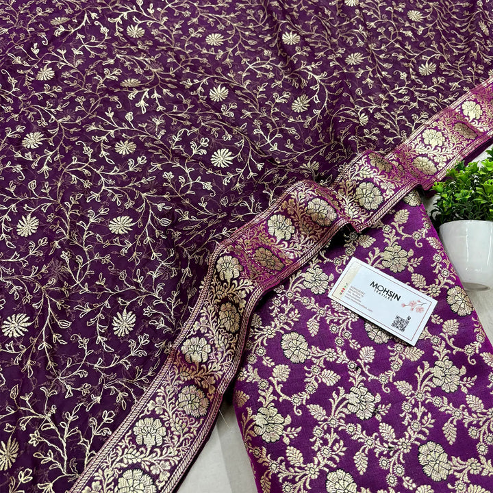 Purple Golden Zari Kimkhab Silk Banarasi Gharara
