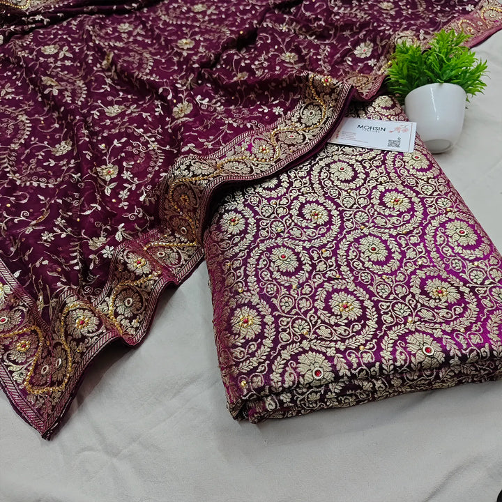 Purple Murrah Jaal Stone Work Kimkhab Silk Banarasi Gharara