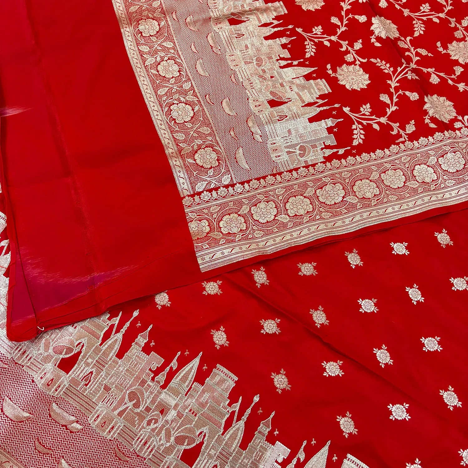 Red Ganga Ghat Katan Silk Banarasi Suit