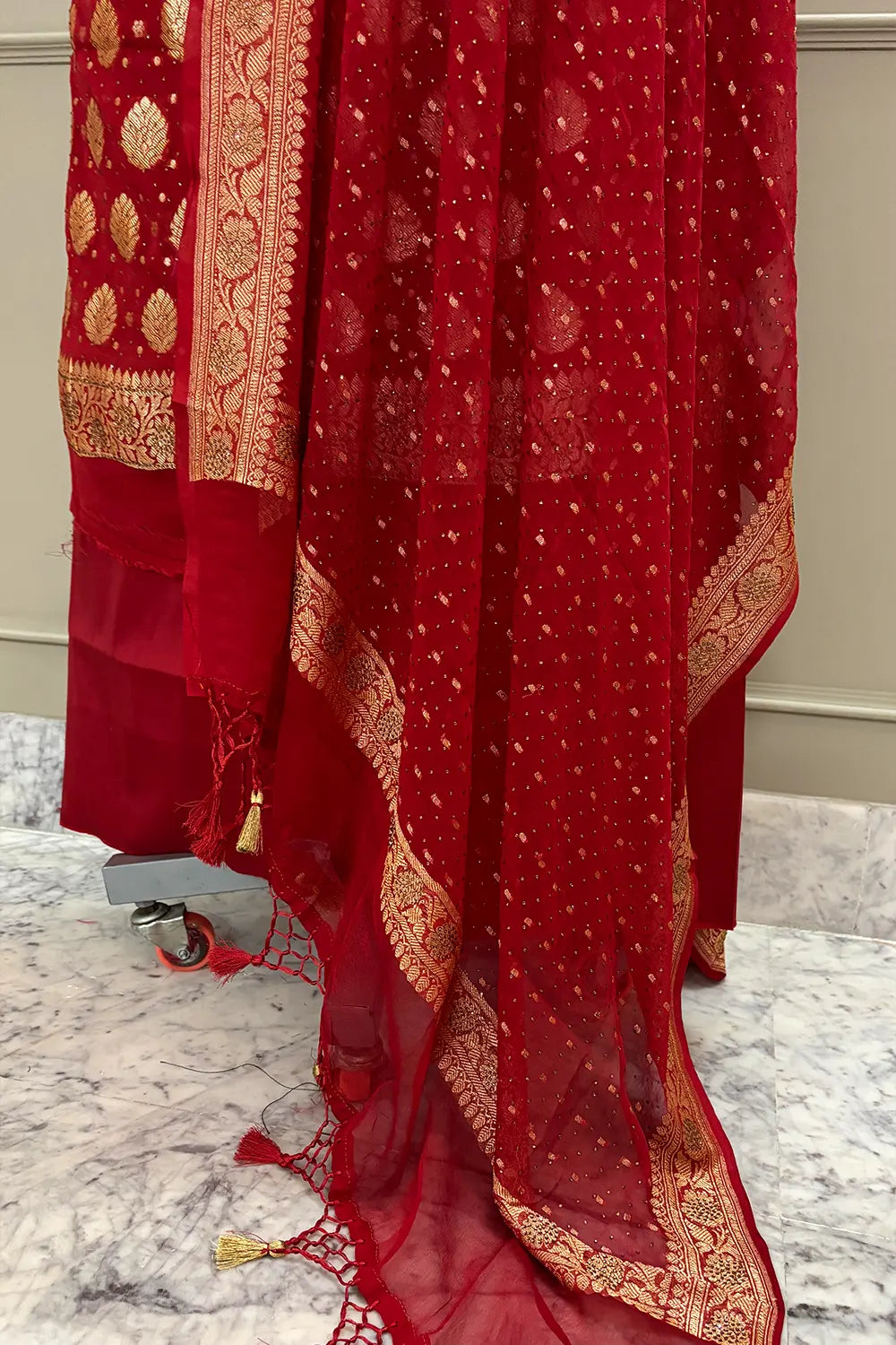 Red Golden Zari Siroski Stone Pure Georgette Silk Banarasi Suit