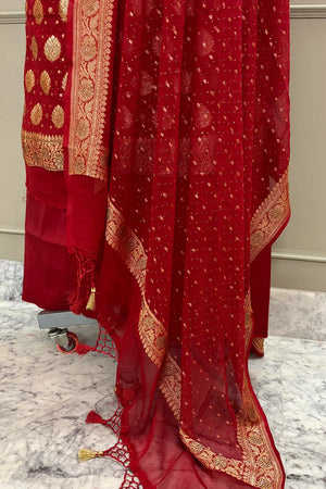Red Golden Zari Siroski Stone Pure Georgette Silk Banarasi Suit