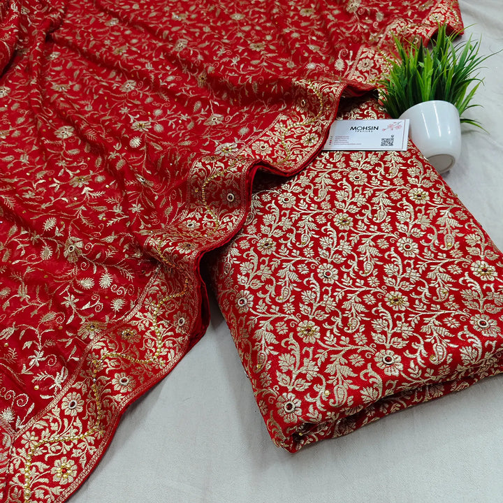 Red Stone Work Kimkhab Silk Banarasi Gharara