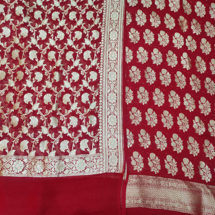 Red Water Zari Handloom Georgette Silk Banarasi Suit