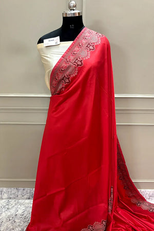 Red and Beige Plain Resham Silk Banarasi Saree
