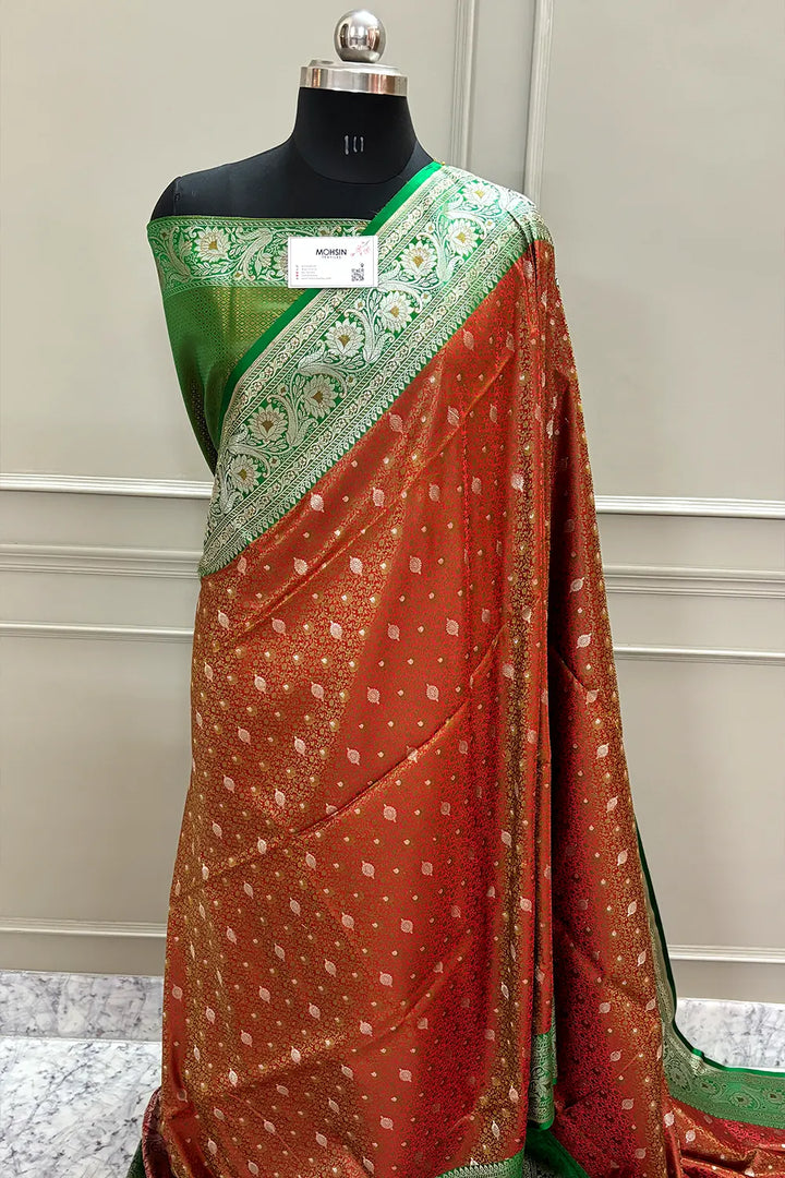 Red and Green Jamewar Katan Silk Banarasi Saree