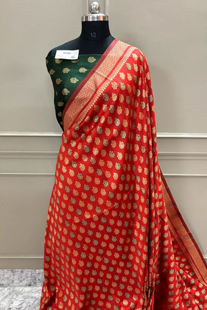Red and Green Resham Zari Silky Banarasi Saree