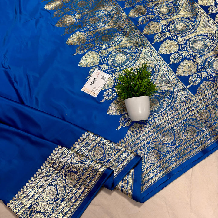 Royal Blue Plain Golden Zari Katan Silk Banarasi Saree