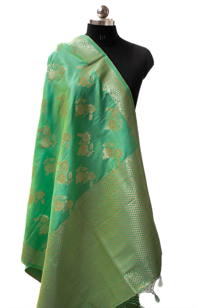 Sea Green Golden Zari Katan Silk Banarasi Dupatta