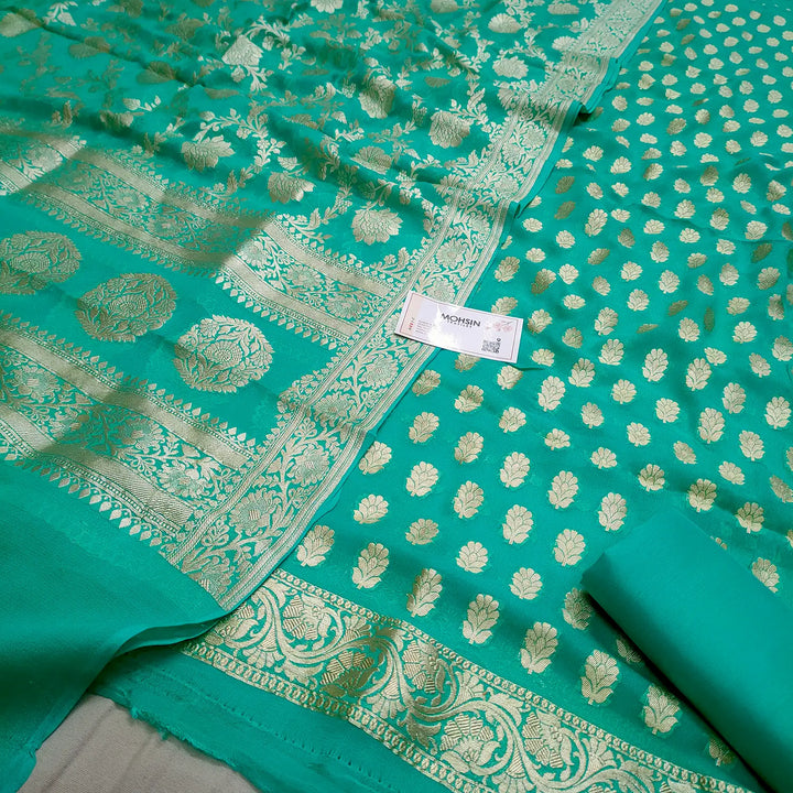 Sea Green Khilti Kalli Georgette Silk Banarasi Suit