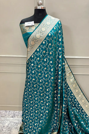 Teal Eragon Jaal Katan Silk Banarasi Saree