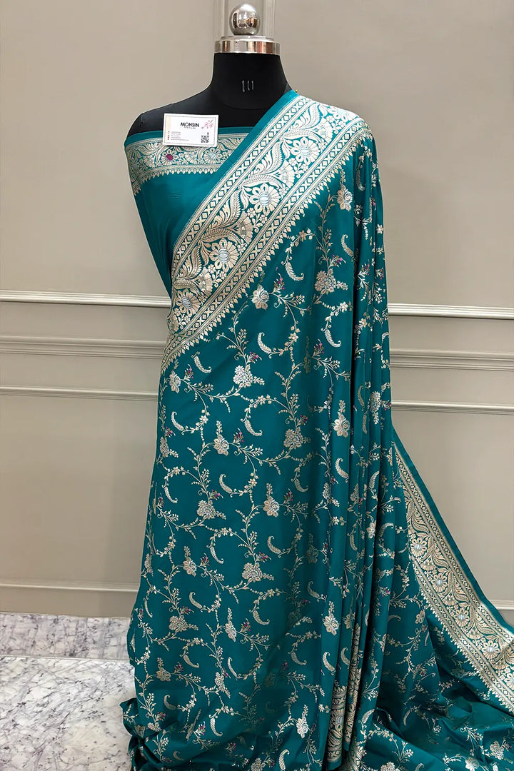 Teal Suhani Jaal Katan Silk Banarasi Saree