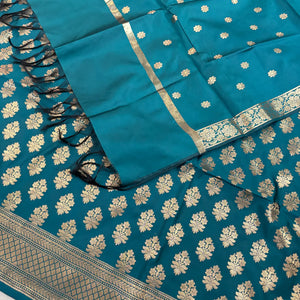 Teal Tri Phool Satin Silk Banarasi Suit