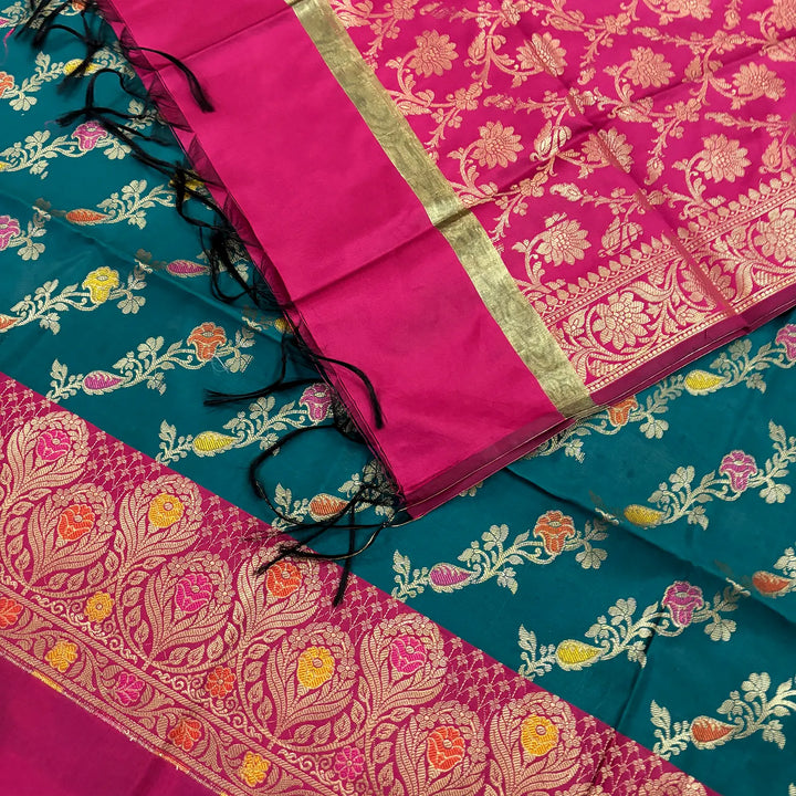 Teal and Pink Rang Mahal Satin Silk Banarasi Suit