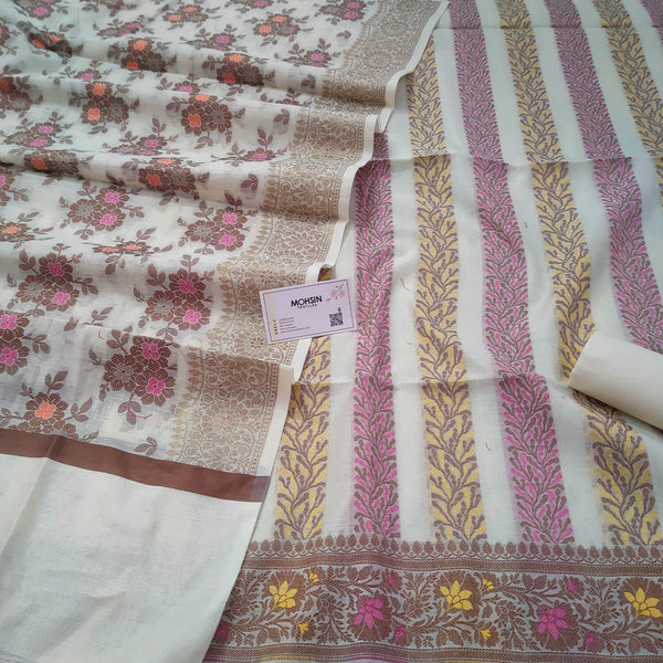 White Banarasi Silk Salwar Suit With Flower Dupatta