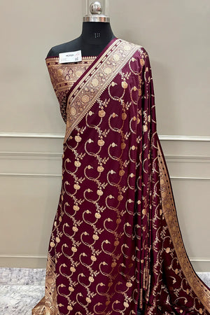 Wine Kanchan Bel Katan Silk Banarasi Saree
