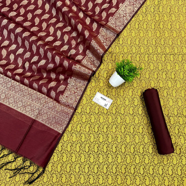 Yellow and Maroon Shimmer Silk Banarasi Suit