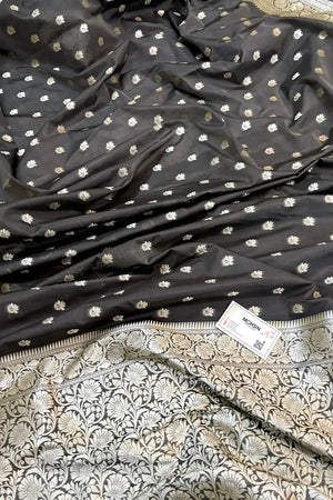 Dark Grey Ghonga Buti Katan Silk Banarasi Saree