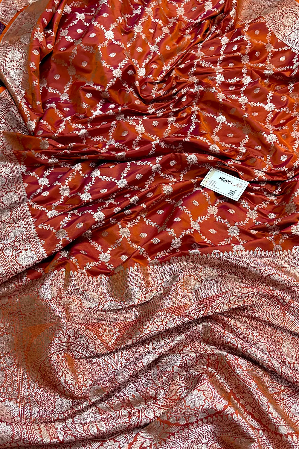 Rust Orange Qaidi Buti Katan Silk Banarasi Saree