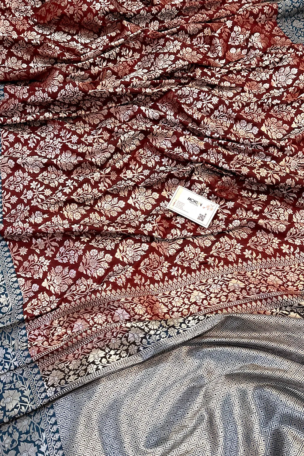 Wine and Blue Temple Buta Katan Silk Banarasi Saree